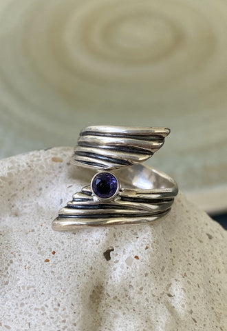 iolite gemstone ring silver, adjustable silver ring, blue gemstone ring 