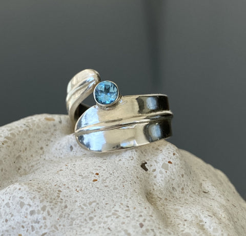 Blue gemstone ring silver, adjustable ring 