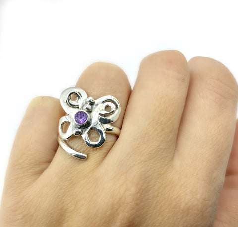 butterfly ring, silver butterfly ring silver adjustable ring, amethyst ring 