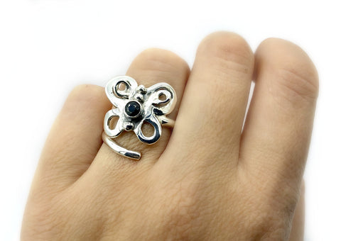 butterfly ring, silver butterfly ring silver adjustable ring, black spinel ring 