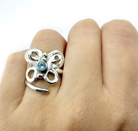 butterfly ring, silver butterfly ring silver adjustable ring, blue topaz ring 