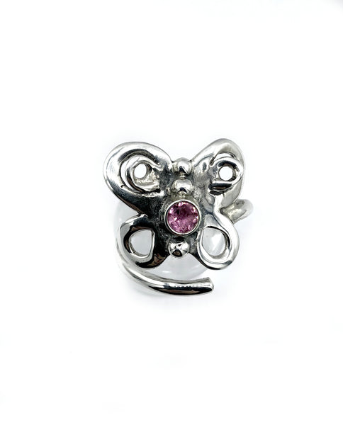 butterfly ring, silver butterfly ring silver adjustable ring, pink tourmaline ring 