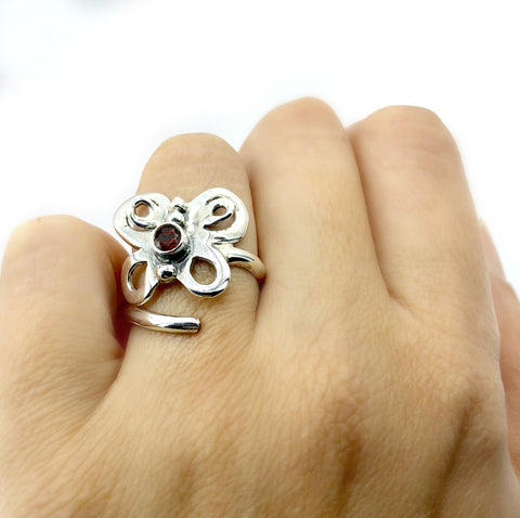 butterfly ring, silver butterfly ring silver adjustable ring, red garnet ring 