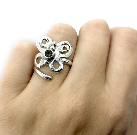 butterfly ring, silver butterfly ring, adjustable smoky quartz ring 