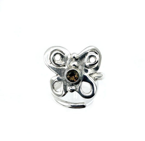 butterfly ring, silver butterfly ring, adjustable smoky quartz ring 