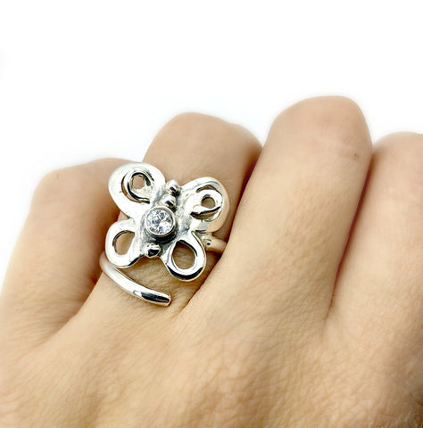 large butterfly ring, silver butterfly ring silver adjustable ring, zircon ring 