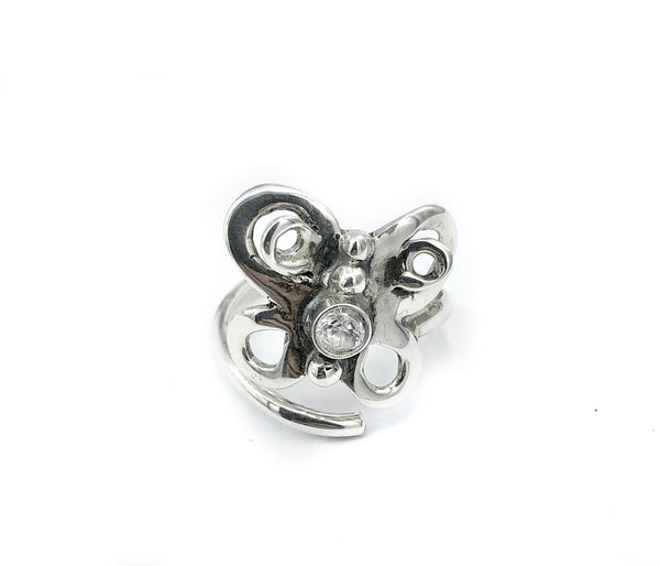 large butterfly ring, silver butterfly ring silver adjustable ring, zircon ring 