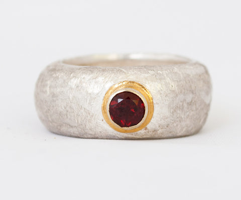 Red garnet thick textured band silver ring - Handmade with Love - Eleni Pantagis