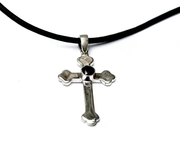 byzantine cross, silver cross necklace with black gemstone 