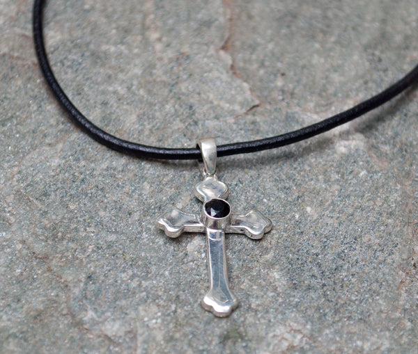 byzantine cross, silver cross necklace with black gemstone 