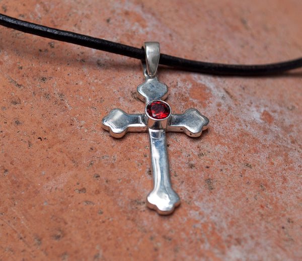 Silver cross with a red stone, silver cross, Byzantine silver cross 