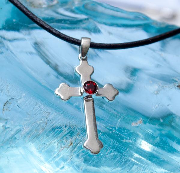 Silver cross with a red stone, silver cross, Byzantine silver cross 
