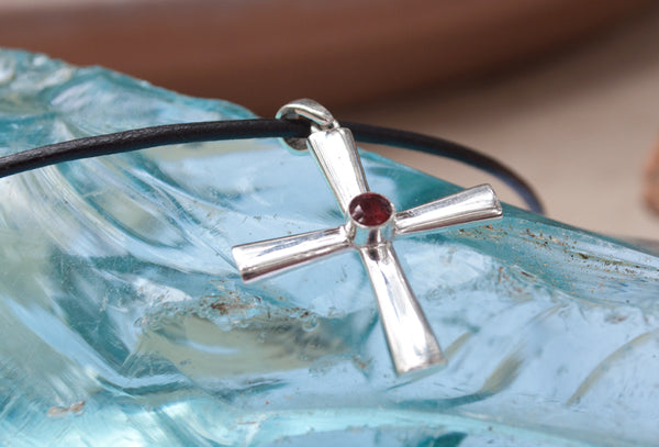 byzantine silver cross necklace with red gemstone 