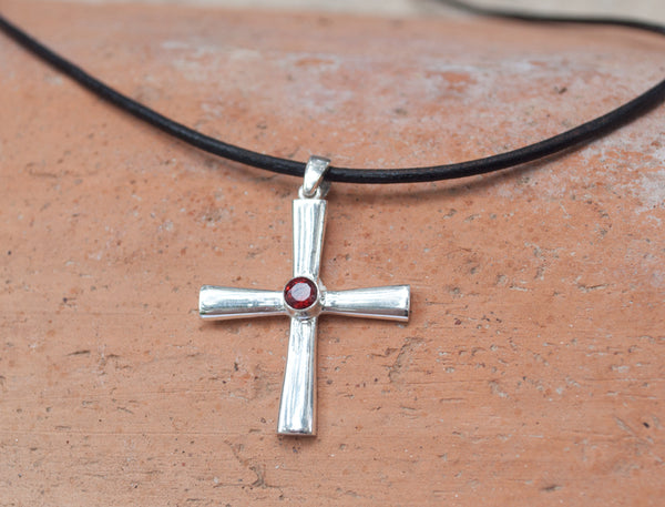 byzantine silver cross necklace with red gemstone 