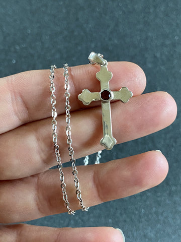 Silver cross with a red stone, silver cross, Byzantine silver cross 