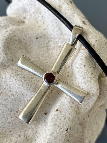 byzantine silver cross necklace with red gemstone 