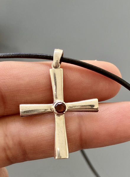 byzantine silver cross necklace with red gemstone 