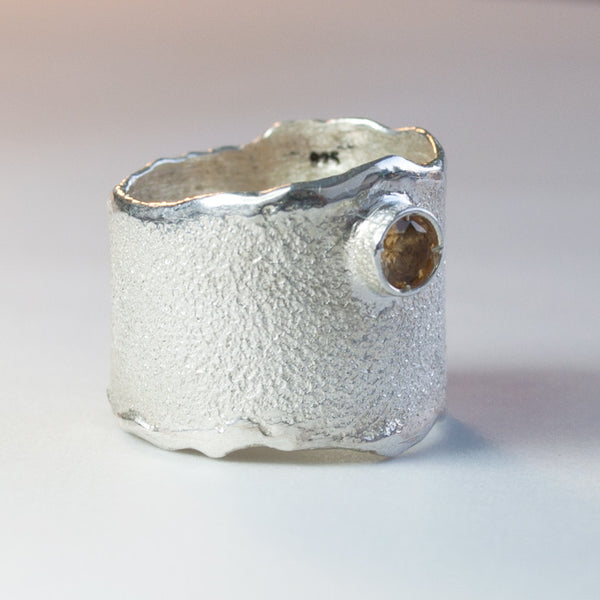 Citrine silver ring, November birthstone yellow stone ring rough textured wide ring 
