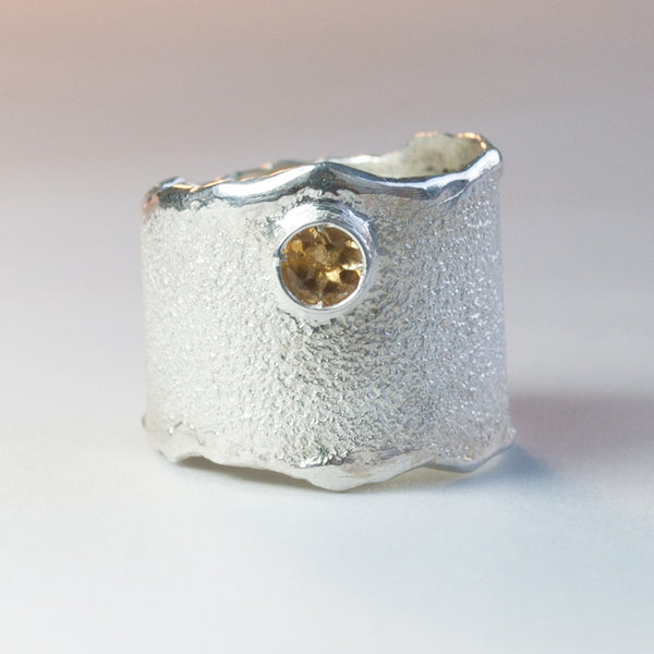 Citrine silver ring, November birthstone yellow stone ring rough textured wide ring 
