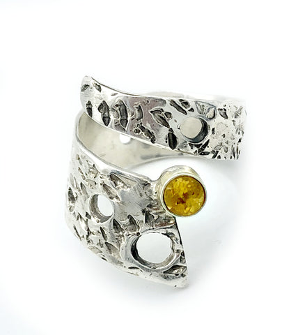 Abstract silver ring, citrine ring, silver adjustable ring, modern ring 