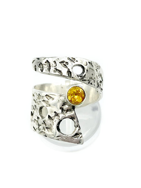 Abstract silver ring, citrine ring, silver adjustable ring, modern ring 