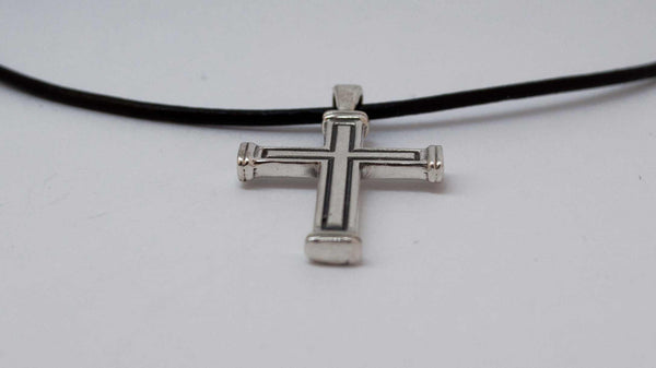 Men's cross necklace, cross leather cord, oxidized silver cross pendant 
