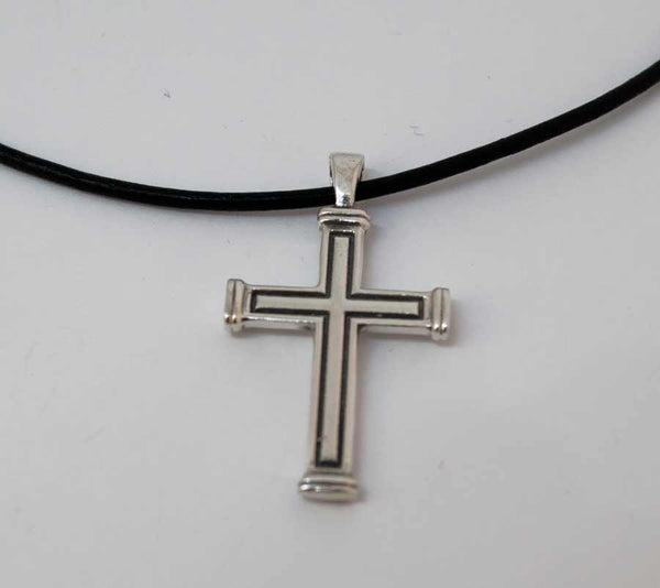 Men's cross necklace, cross leather cord, oxidized silver cross pendant 