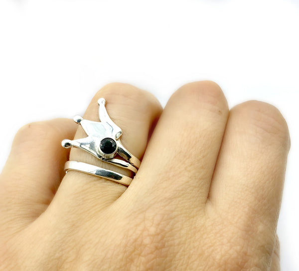 queen crown ring, princess crown ring silver ring, black spinel ring 