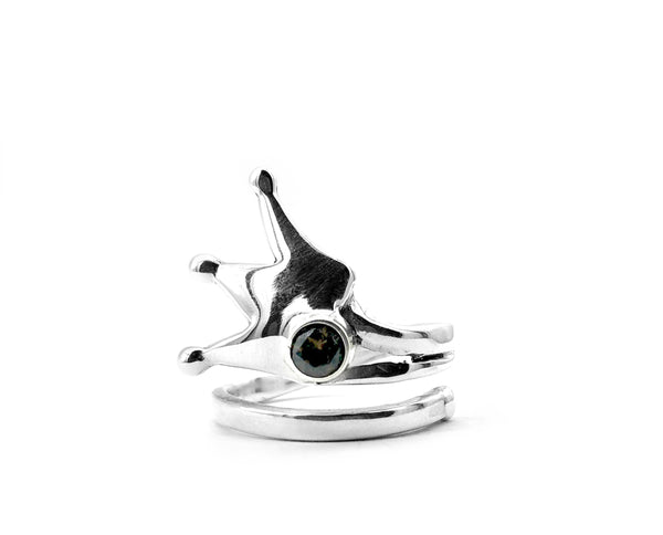 queen crown ring, princess crown ring silver ring, black spinel ring 