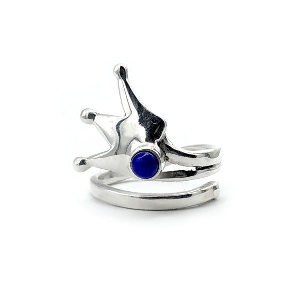 Silver crown ring adjustable with blue gemstone 