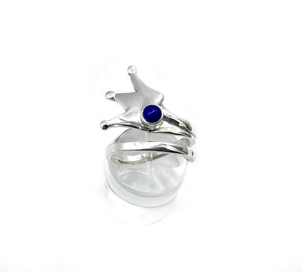 Silver crown ring adjustable with blue gemstone 