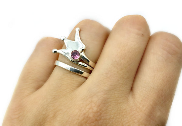 silver crown ring, princess crown ring silver ring, pink tourmaline ring 