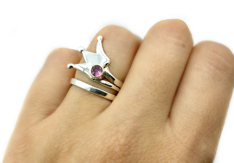 silver crown ring, princess crown ring silver ring, pink tourmaline ring 