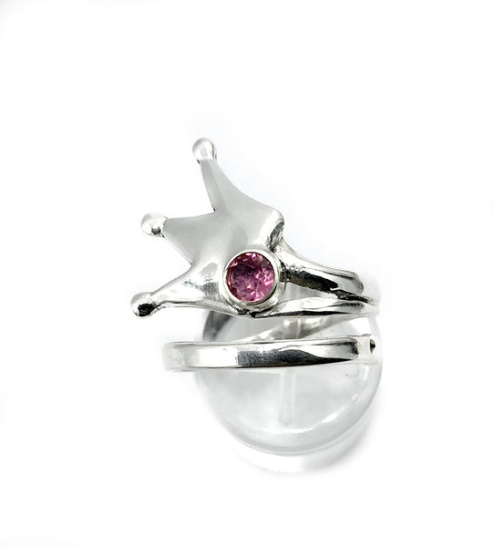 silver crown ring, princess crown ring silver ring, pink tourmaline ring 