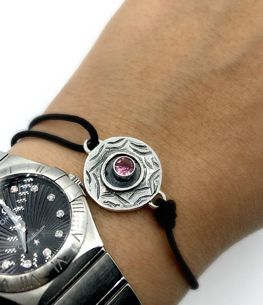 Evil eye bracelet, pink tourmaline stone, evil eye circle bracelet 