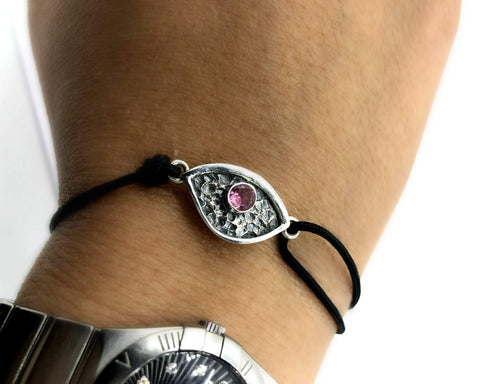 Evil eye bracelet, pink tourmaline stone, evil eye small bracelet 