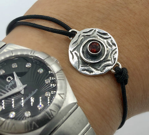 Evil eye bracelet, red garnet gemstone silver bracelet, evil eye circle bracelet 