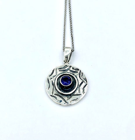 Evil eye pendant, blue iolite stone, evil eye circle pendant silver chain 