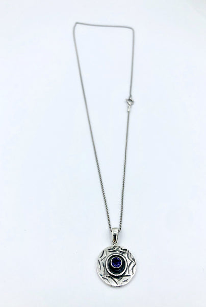 Evil eye pendant, blue iolite stone, evil eye circle pendant silver chain 