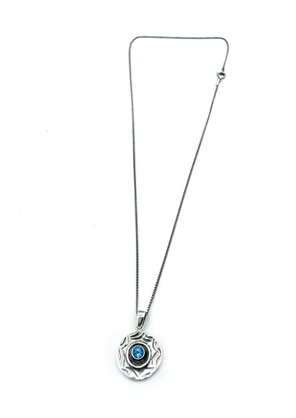 Evil eye pendant, blue topaz stone, evil eye circle pendant silver chain 