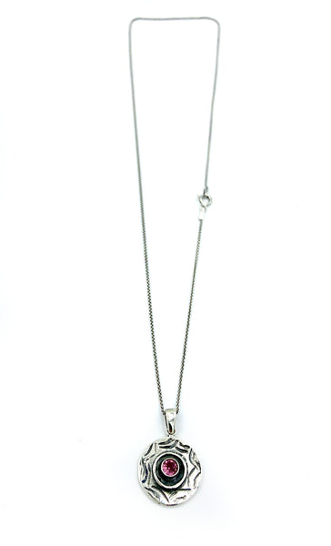 Evil eye pendant, pink tourmaline gemstone, evil eye circle pendant silver chain 