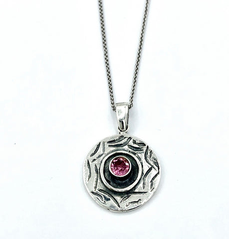 Evil eye pendant, pink tourmaline gemstone, evil eye circle pendant silver chain 