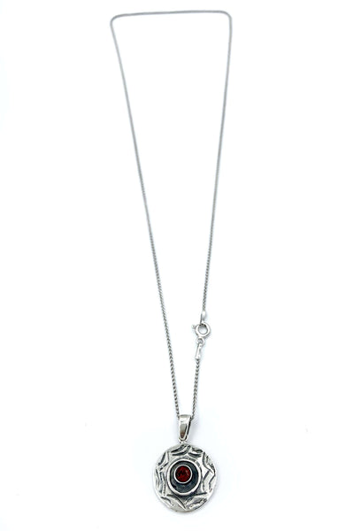 Evil eye pendant, red garnet gemstone silver pendant, circle pendant silver chain 