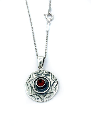Evil eye pendant, red garnet gemstone silver pendant, circle pendant silver chain 