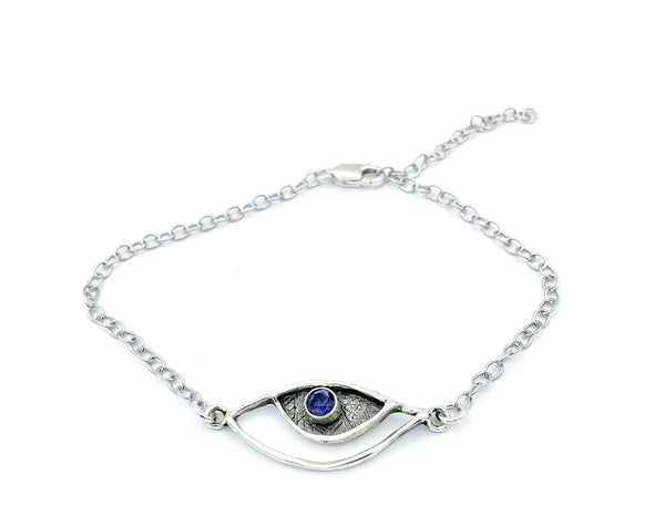 eye bracelet, silver eye bracelet with blue iolite stone, evil eye bracelet 