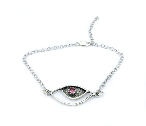 evil eye bracelet, silver eye bracelet with pink tourmaline stone, eye bracelet 