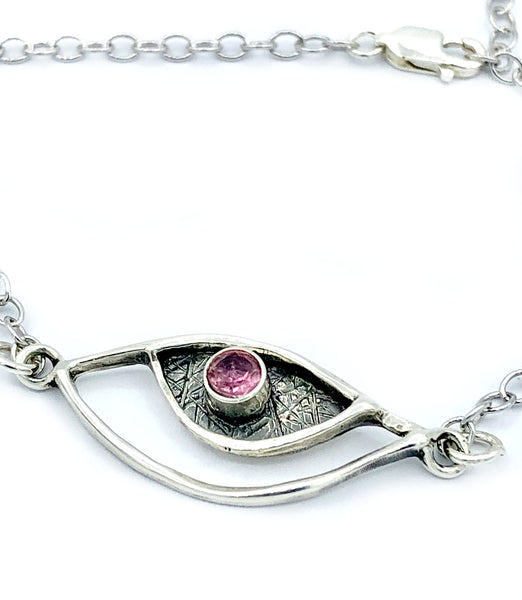 evil eye bracelet, silver eye bracelet with pink tourmaline stone, eye bracelet 