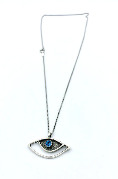 eye pendant, blue topaz pendant, silver eye pendant silver chain 