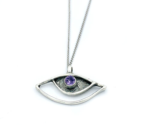 eye pendant, amethyst pendant, silver eye pendant silver chain, amethyst pendant 