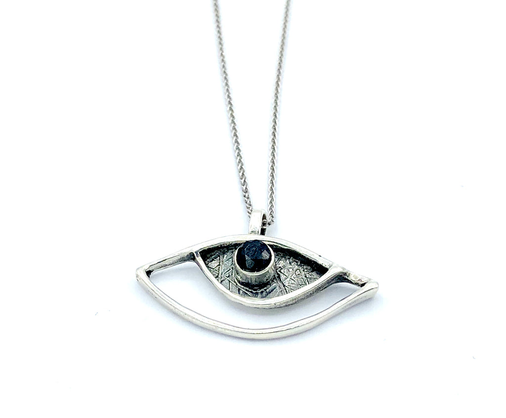 eye pendant, black spinel pendant, silver eye pendant with silver chain evil eye jewelry 